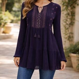 Aeropostale Women's Size S Long Sleeve Gauze Embroidered Peasant Tunic Top Boho